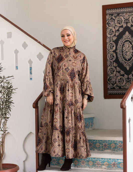 Printed velvet dress in Beige