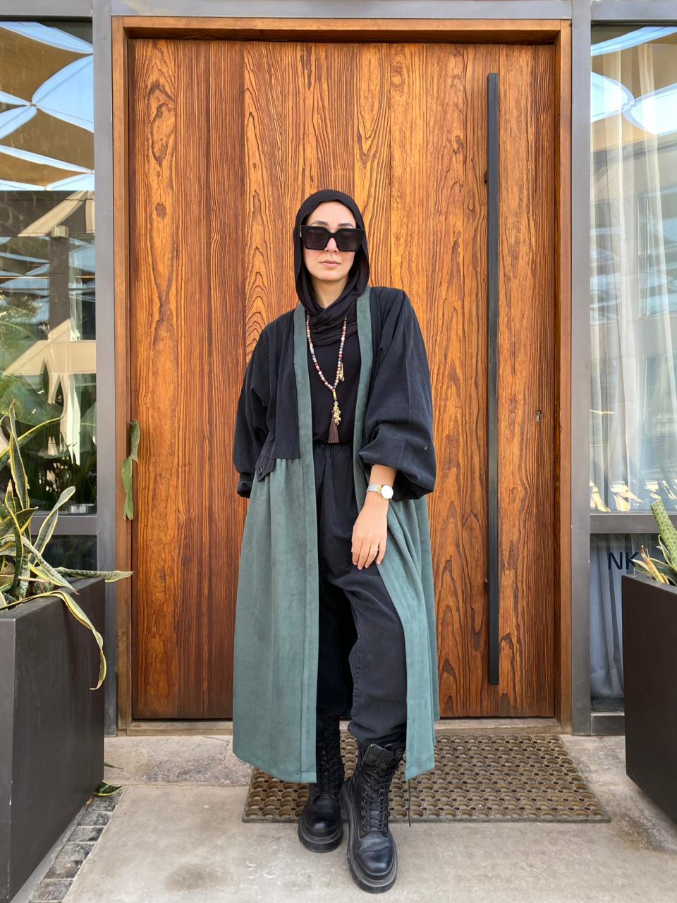 Denim & suede cardigan in Aqua