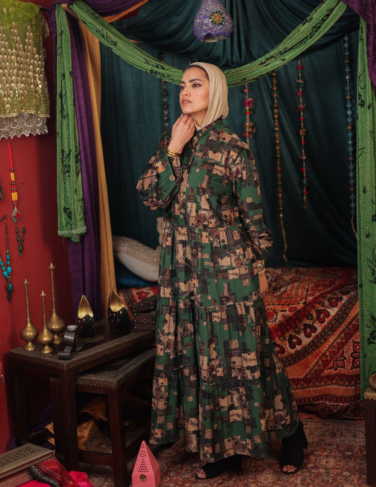 Printed velvet dress in Green