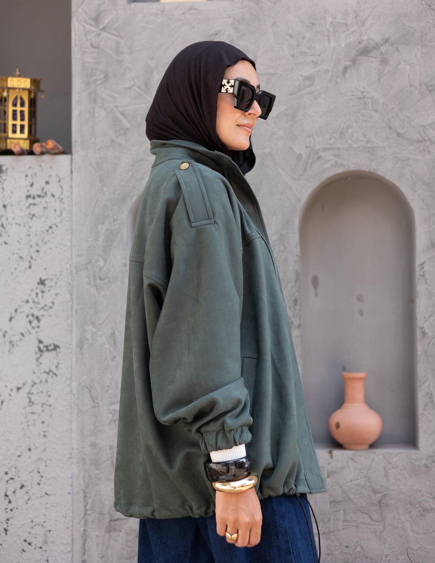 Suede Jacket With Elastic In Olive