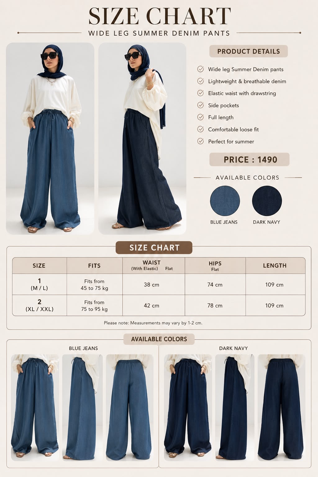 Wide leg Summer Denim pants in Blue jeans