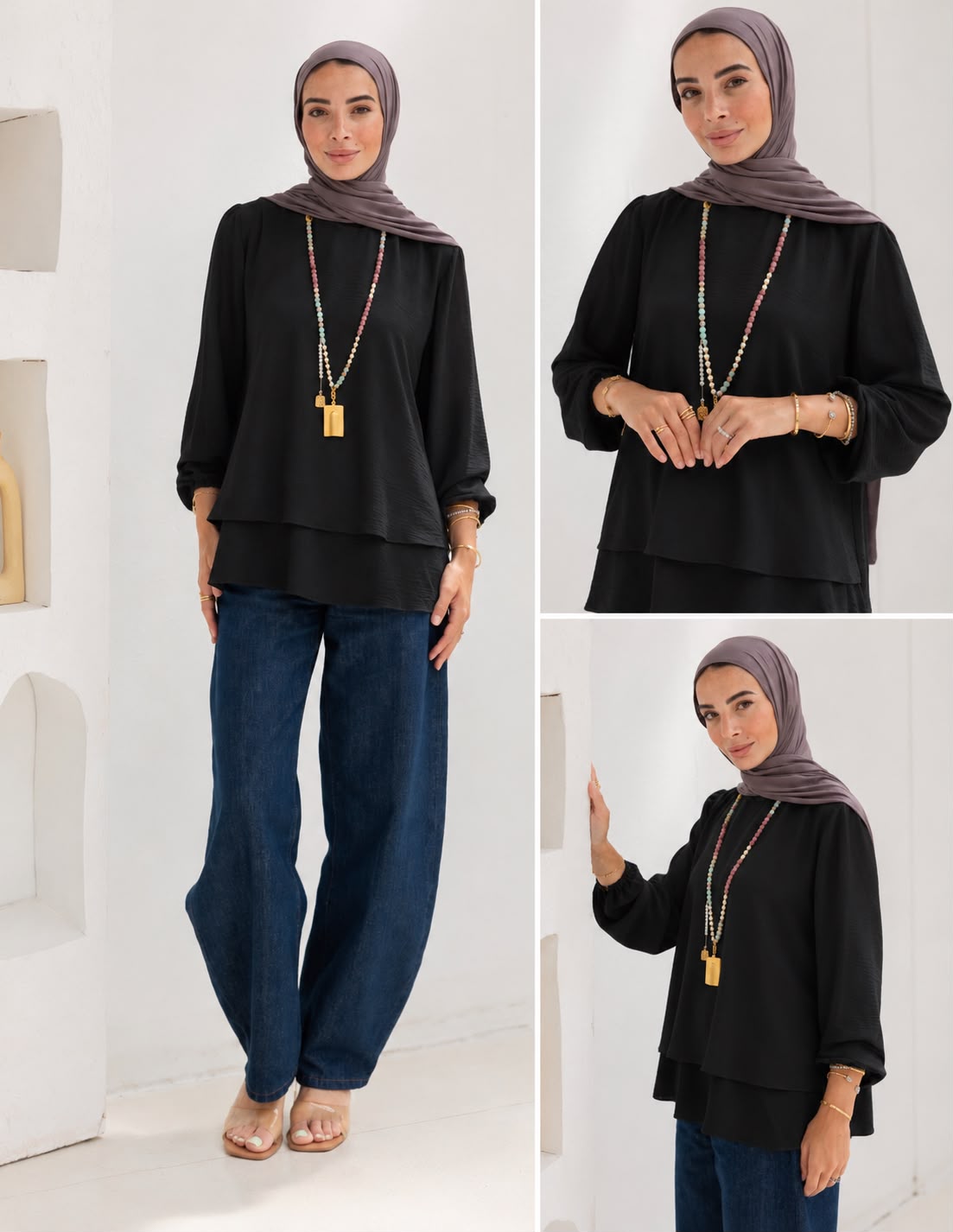 Double layers top with sleeves in black