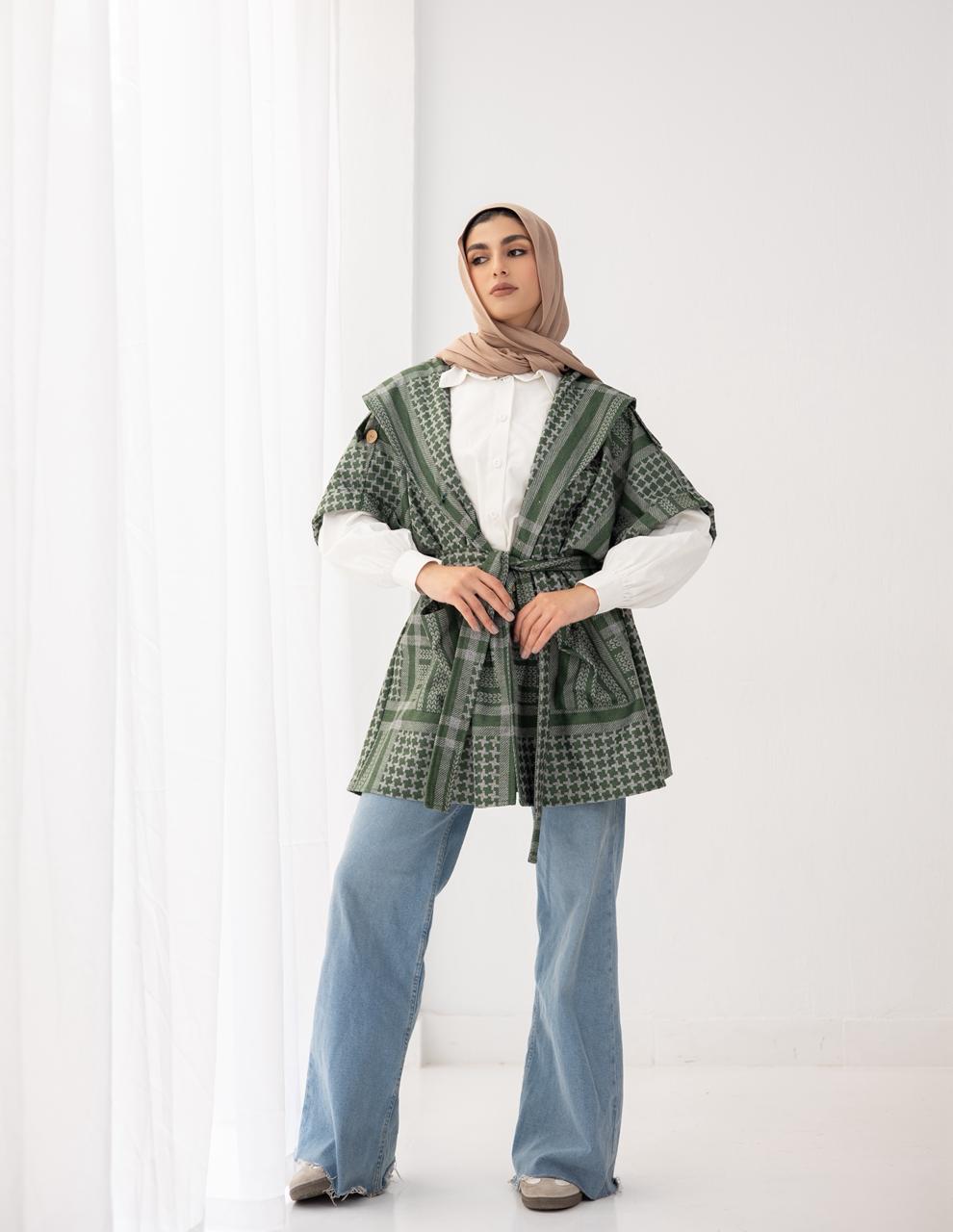 Palestinian heritage print coat in Green