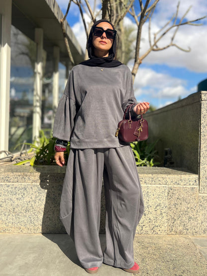 Winter stripped Velvet Set in ( Gray )