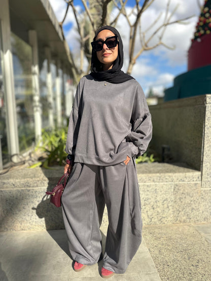 Winter stripped Velvet Set in ( Gray )