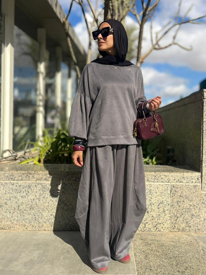 Winter stripped Velvet Set in ( Gray )