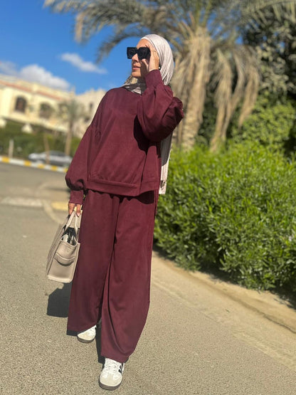 Winter stripped Velvet Set in ( Burgundy)