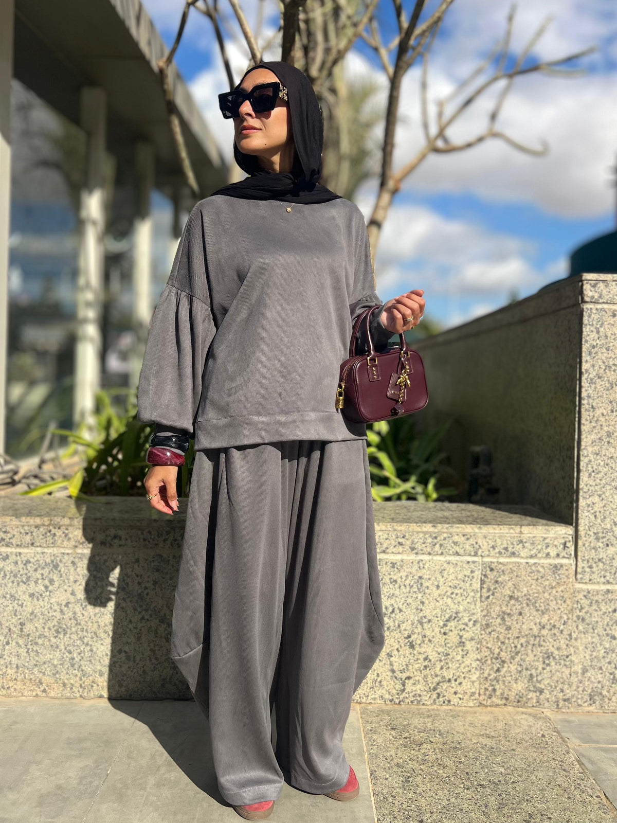 Winter stripped Velvet Set in ( Gray )
