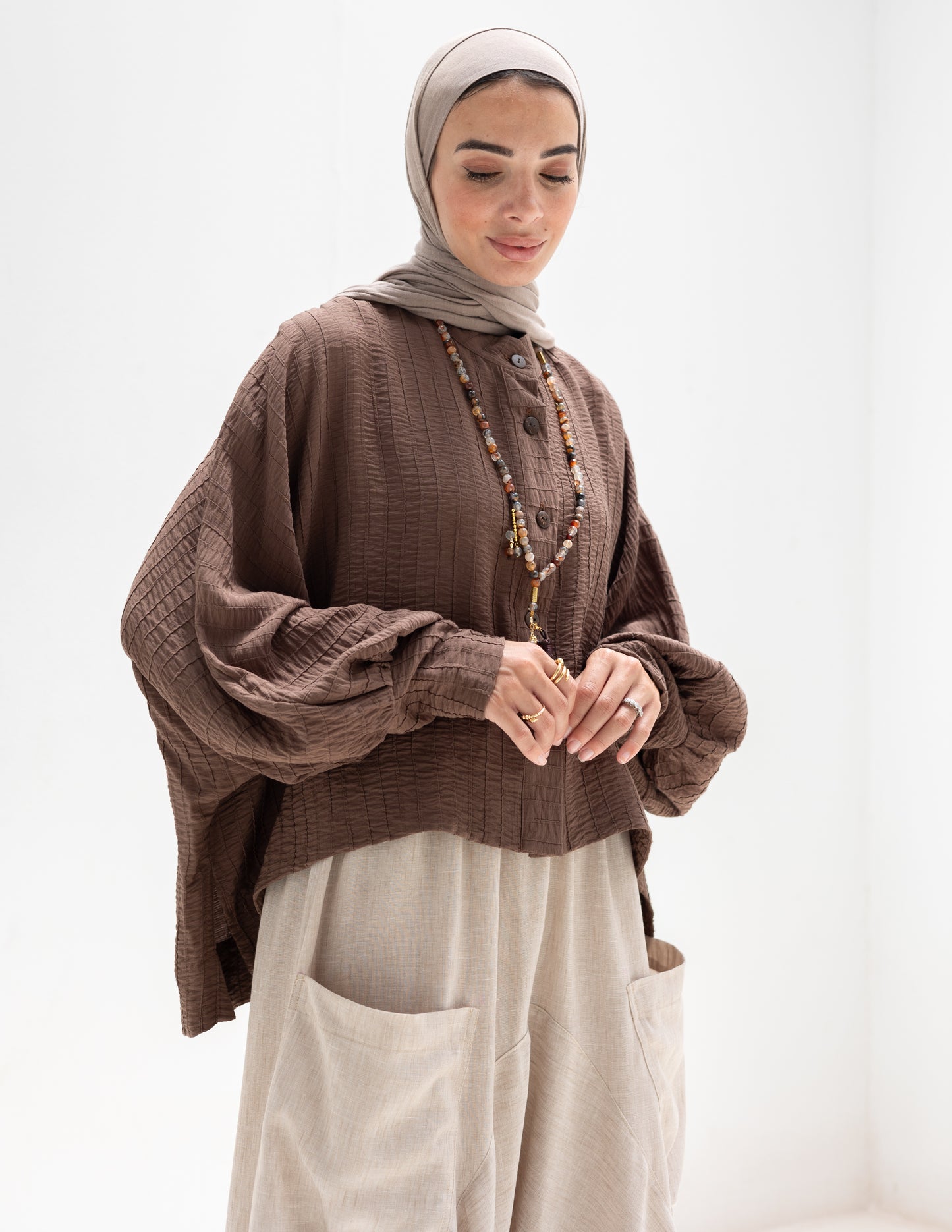 Trendy blouse with buttons ( Brown)