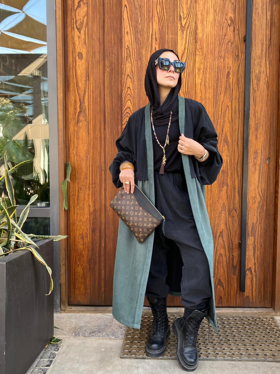 Denim & suede cardigan in Aqua