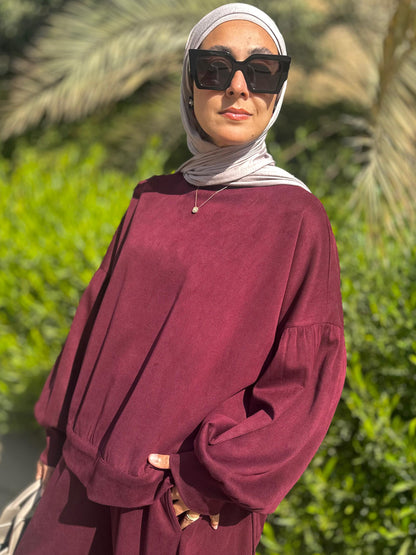 Winter stripped Velvet Set in ( Burgundy)