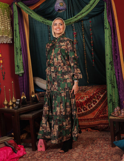 Printed velvet dress in Green