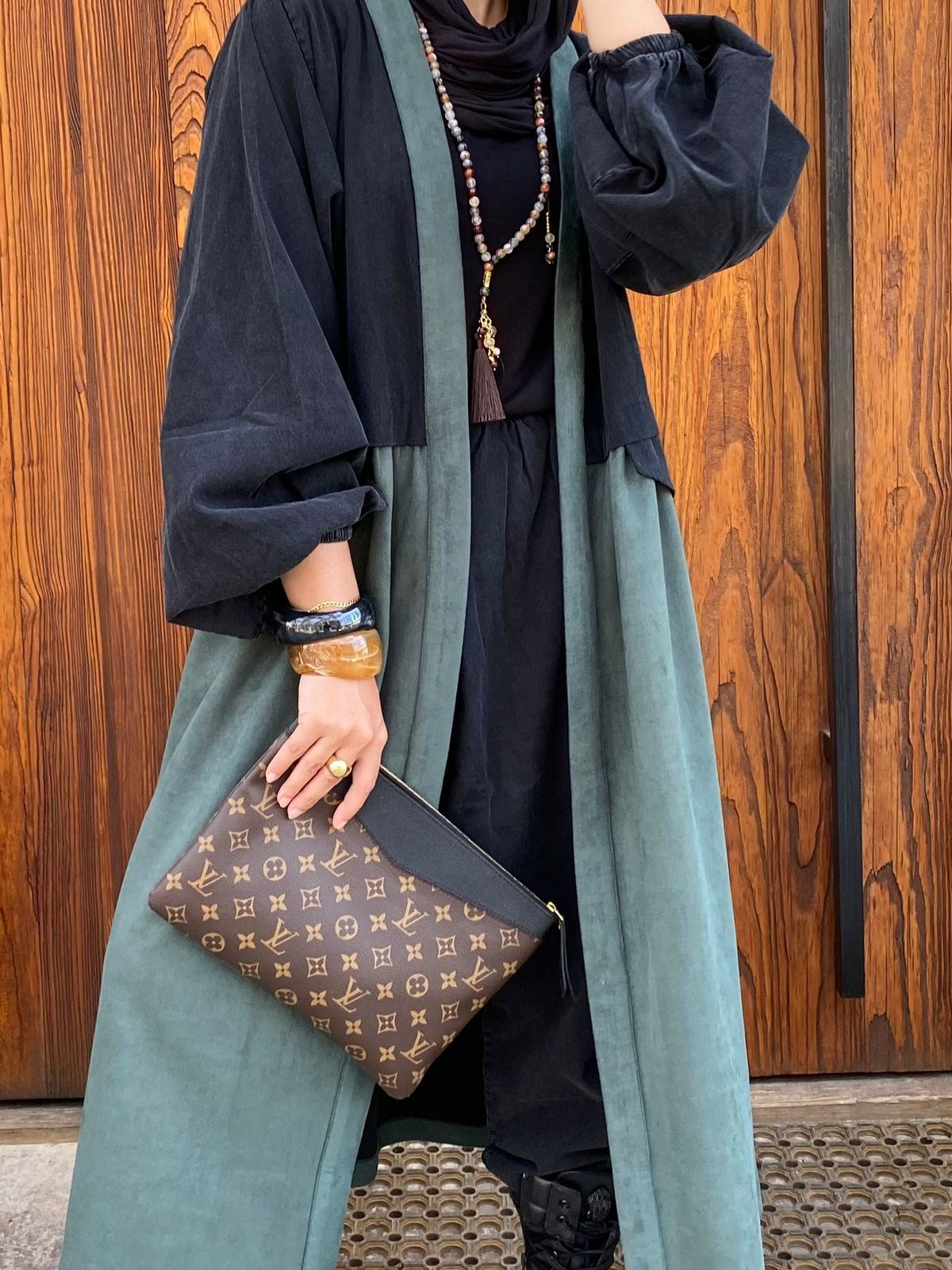 Denim & suede cardigan in Aqua