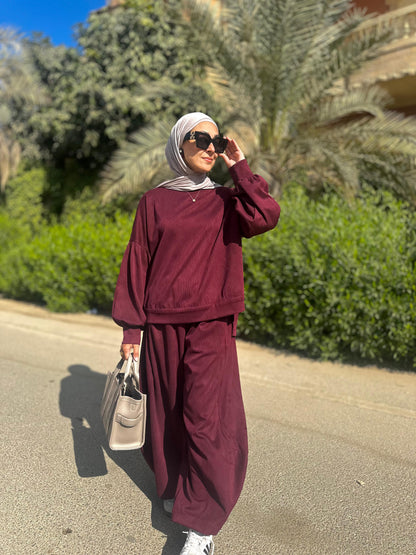 Winter stripped Velvet Set in ( Burgundy)