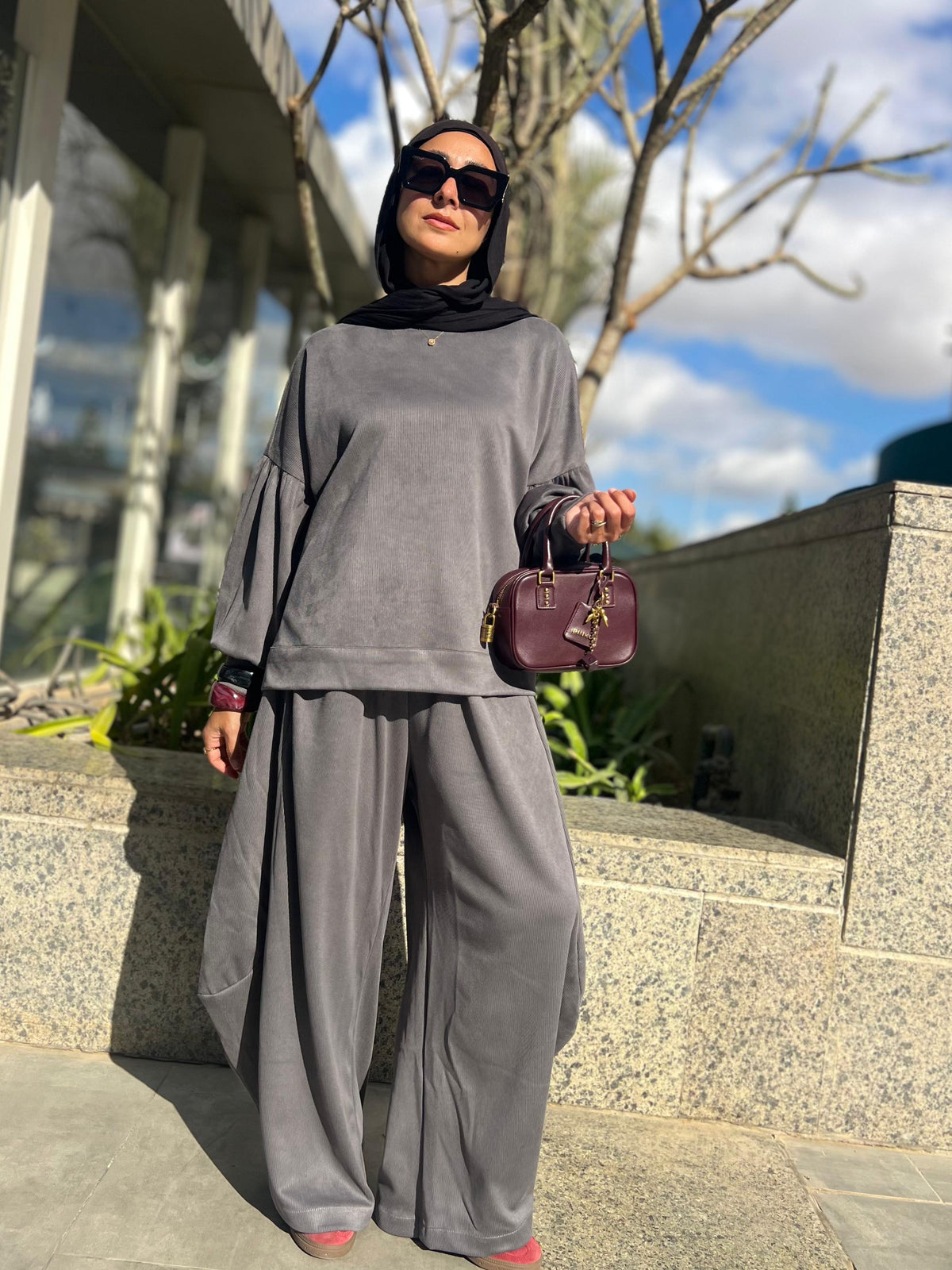 Winter stripped Velvet Set in ( Gray )
