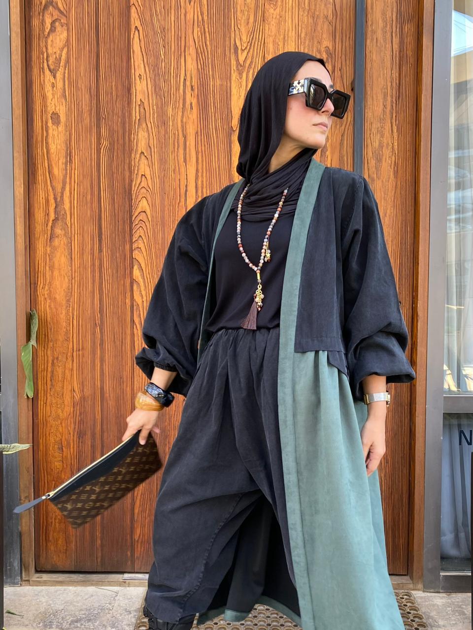 Denim & suede cardigan in Aqua