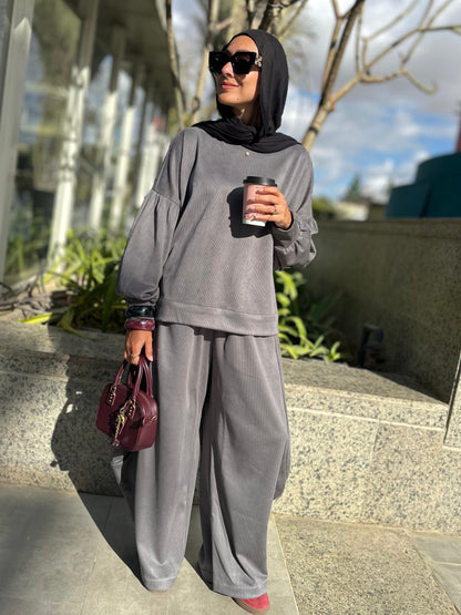 Winter stripped Velvet Set in ( Gray )