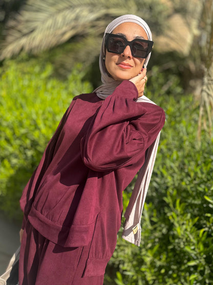 Winter stripped Velvet Set in ( Burgundy)