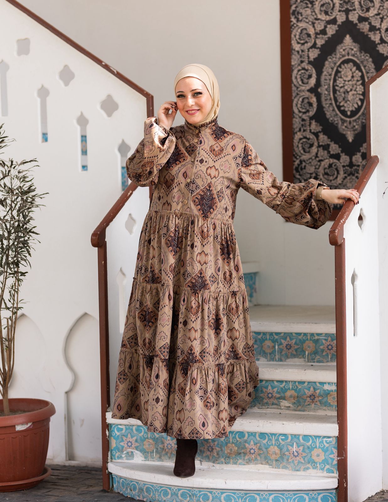 Printed velvet dress in Beige