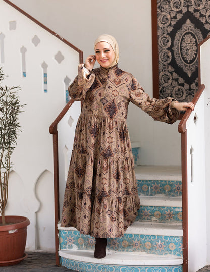 Printed velvet dress in Beige