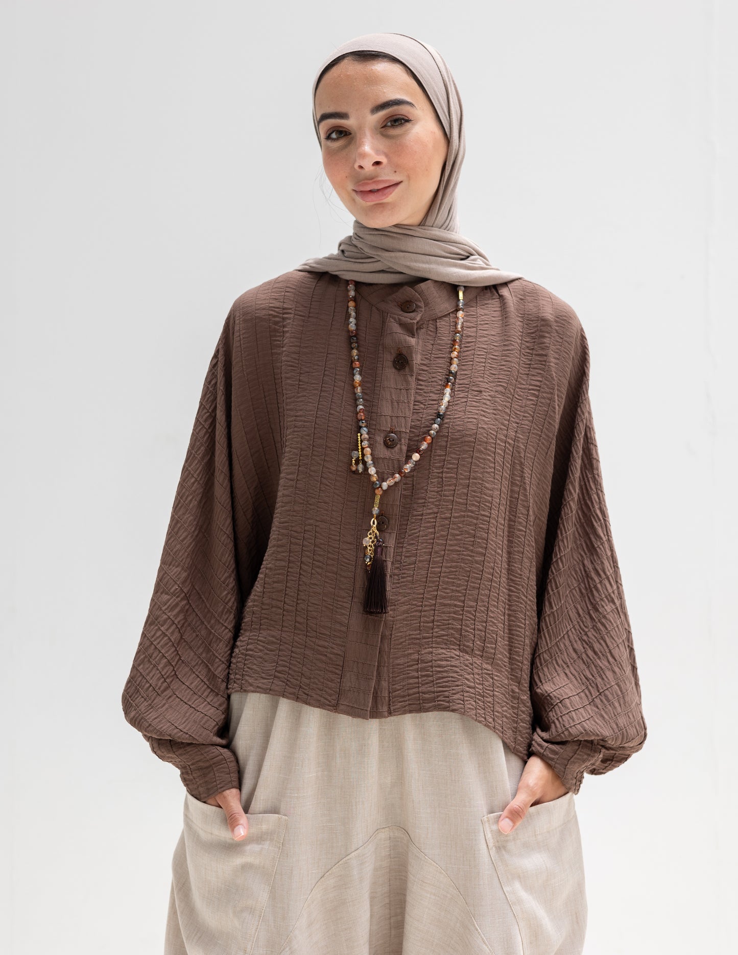 Trendy blouse with buttons ( Brown)