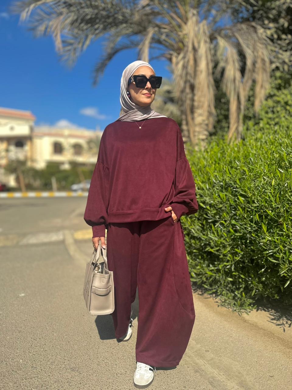 Winter stripped Velvet Set in ( Burgundy)