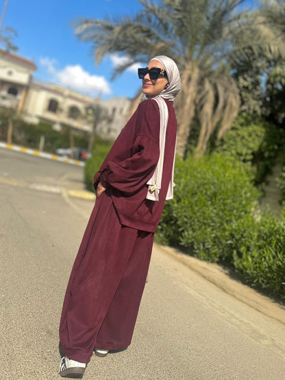 Winter stripped Velvet Set in ( Burgundy)
