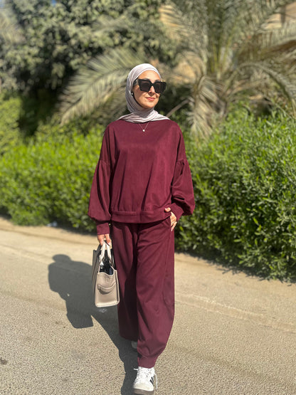 Winter stripped Velvet Set in ( Burgundy)