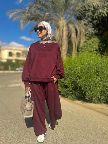 Winter stripped Velvet Set in ( Burgundy)