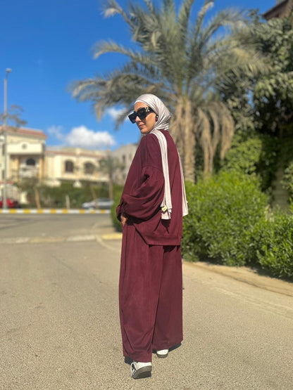 Winter stripped Velvet Set in ( Burgundy)