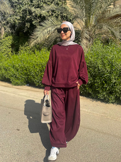 Winter stripped Velvet Set in ( Burgundy)