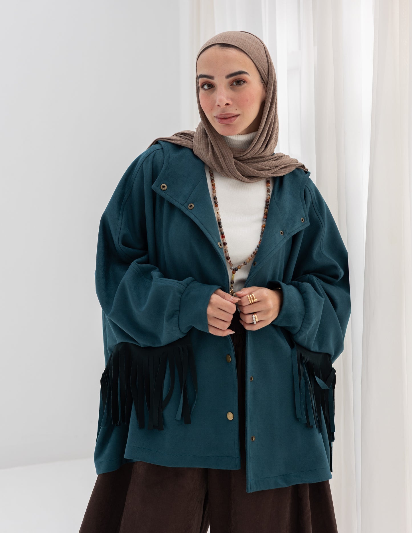 Suede Jacket With Fringes In Teal