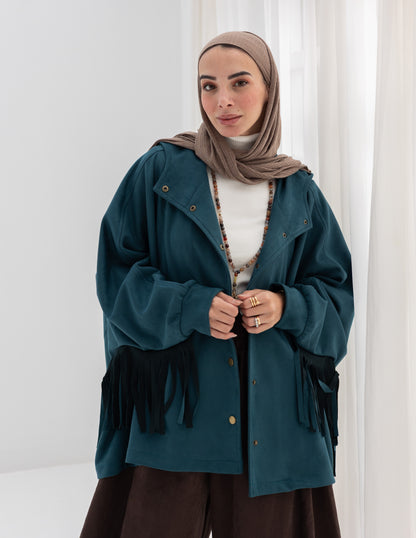 Suede Jacket With Fringes In Teal