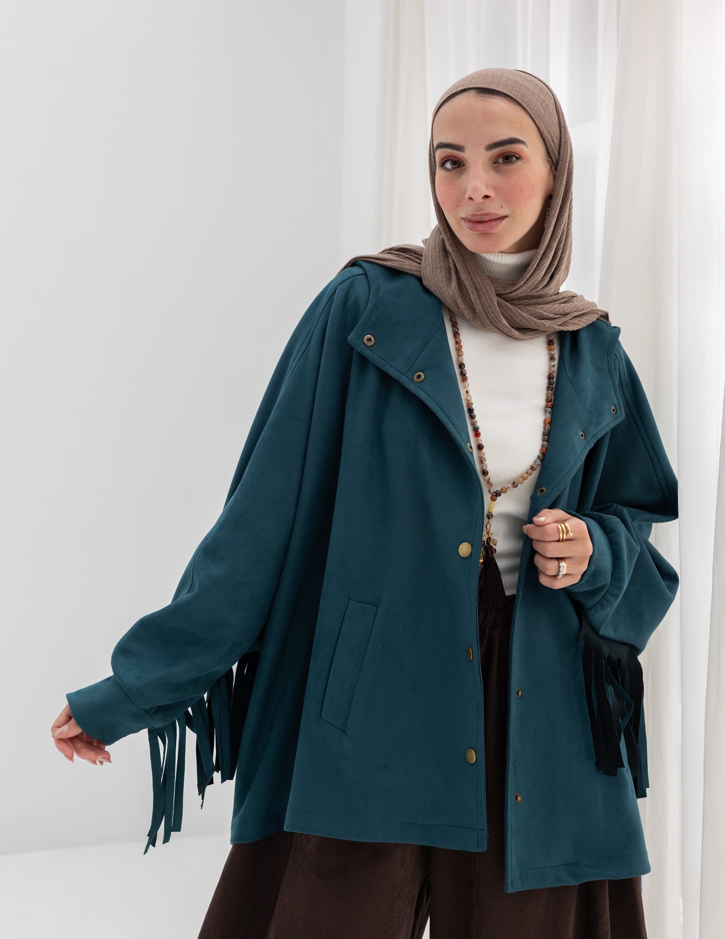 Suede Jacket With Fringes In Teal