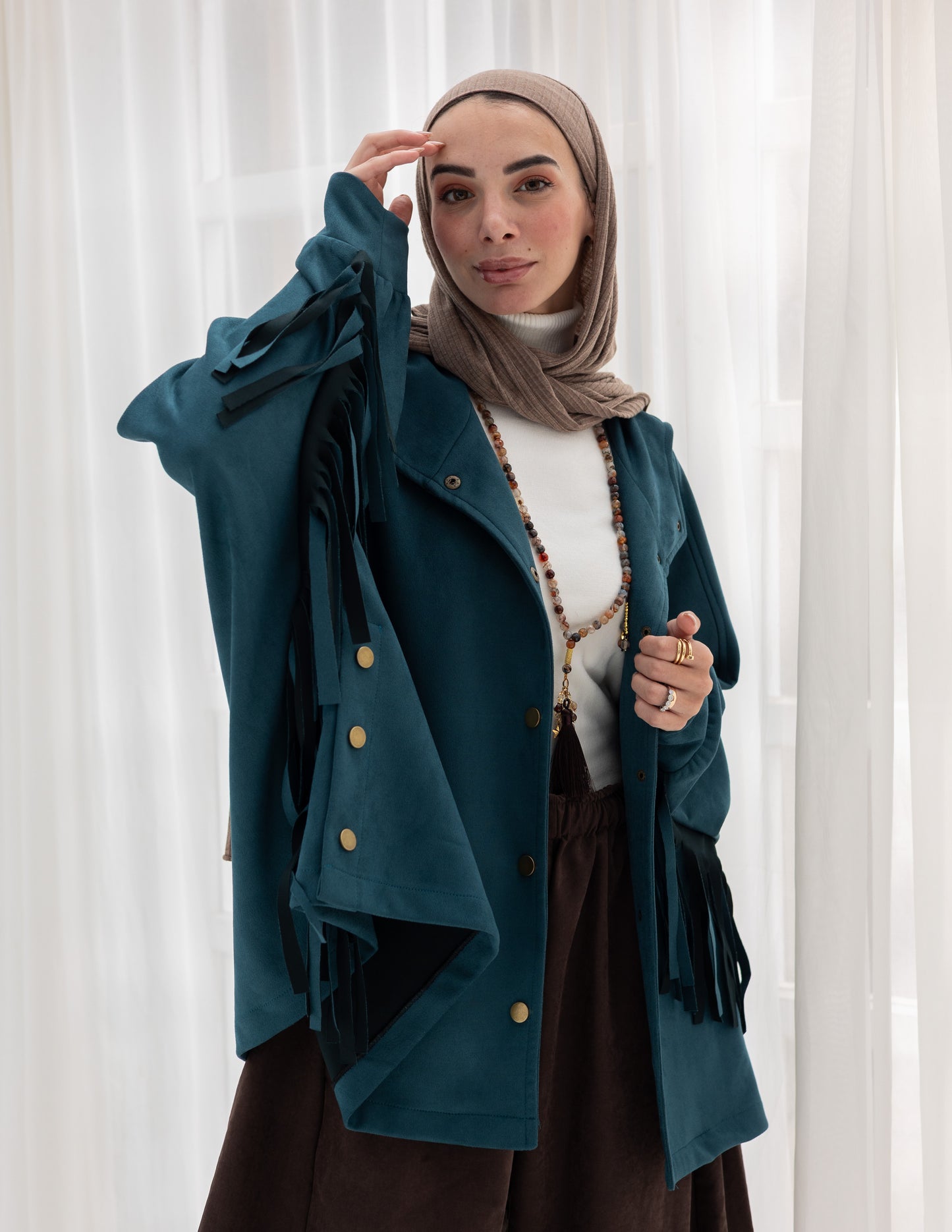 Suede Jacket With Fringes In Teal