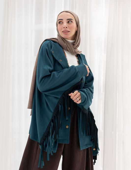 Suede Jacket With Fringes In Teal