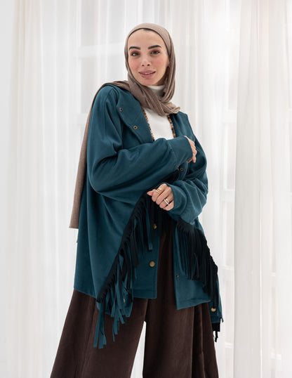 Suede Jacket With Fringes In Teal