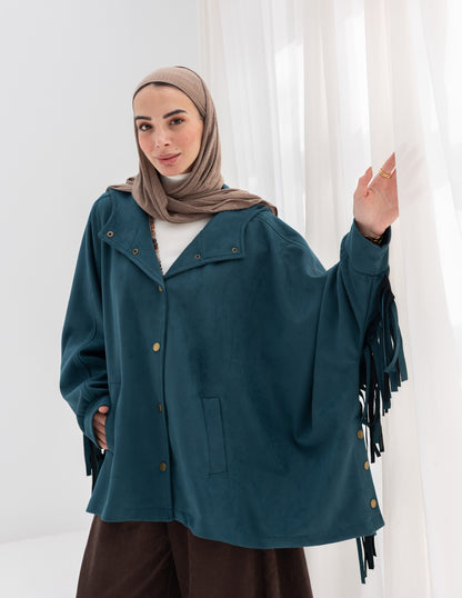 Suede Jacket With Fringes In Teal