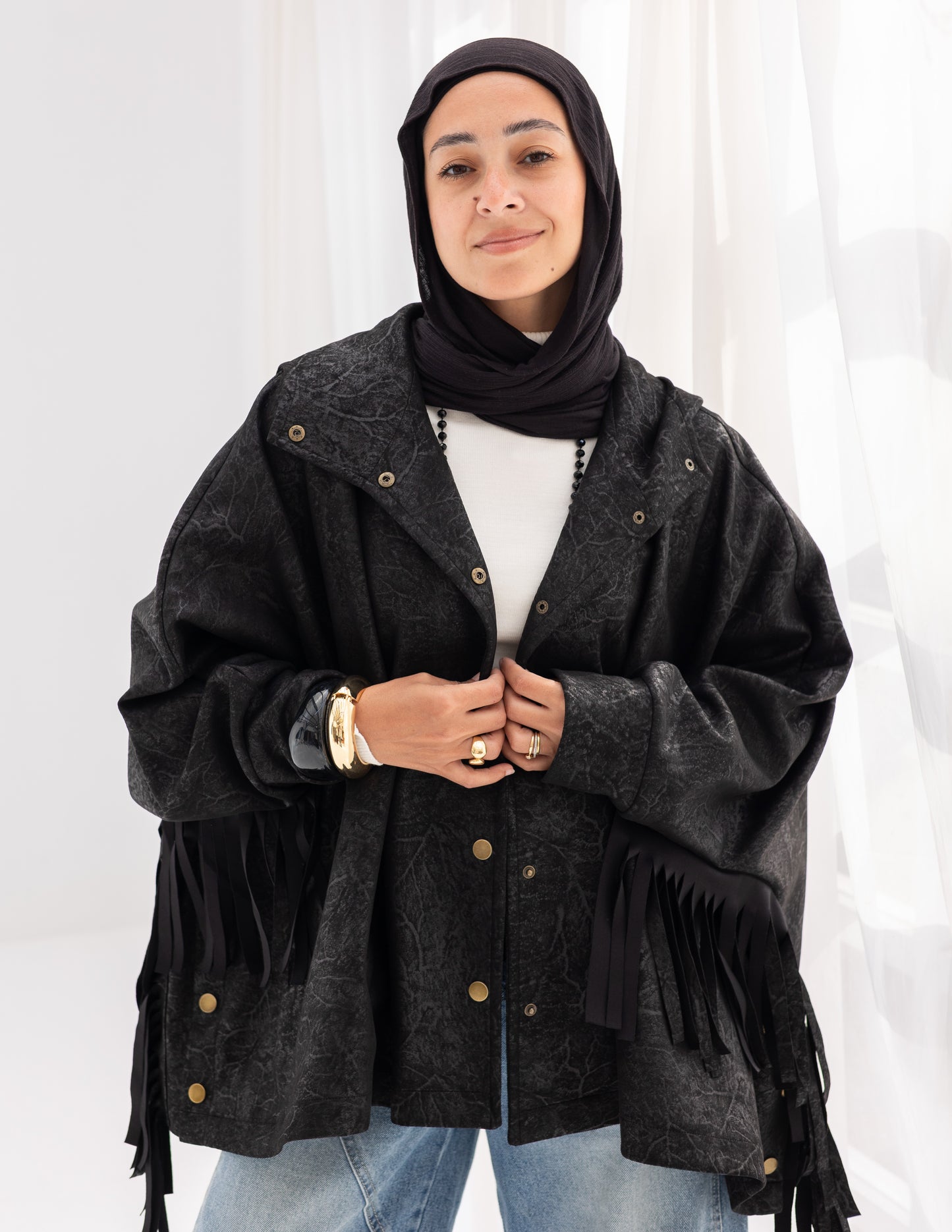 Suede & Leather Blend Jacket With Fringes