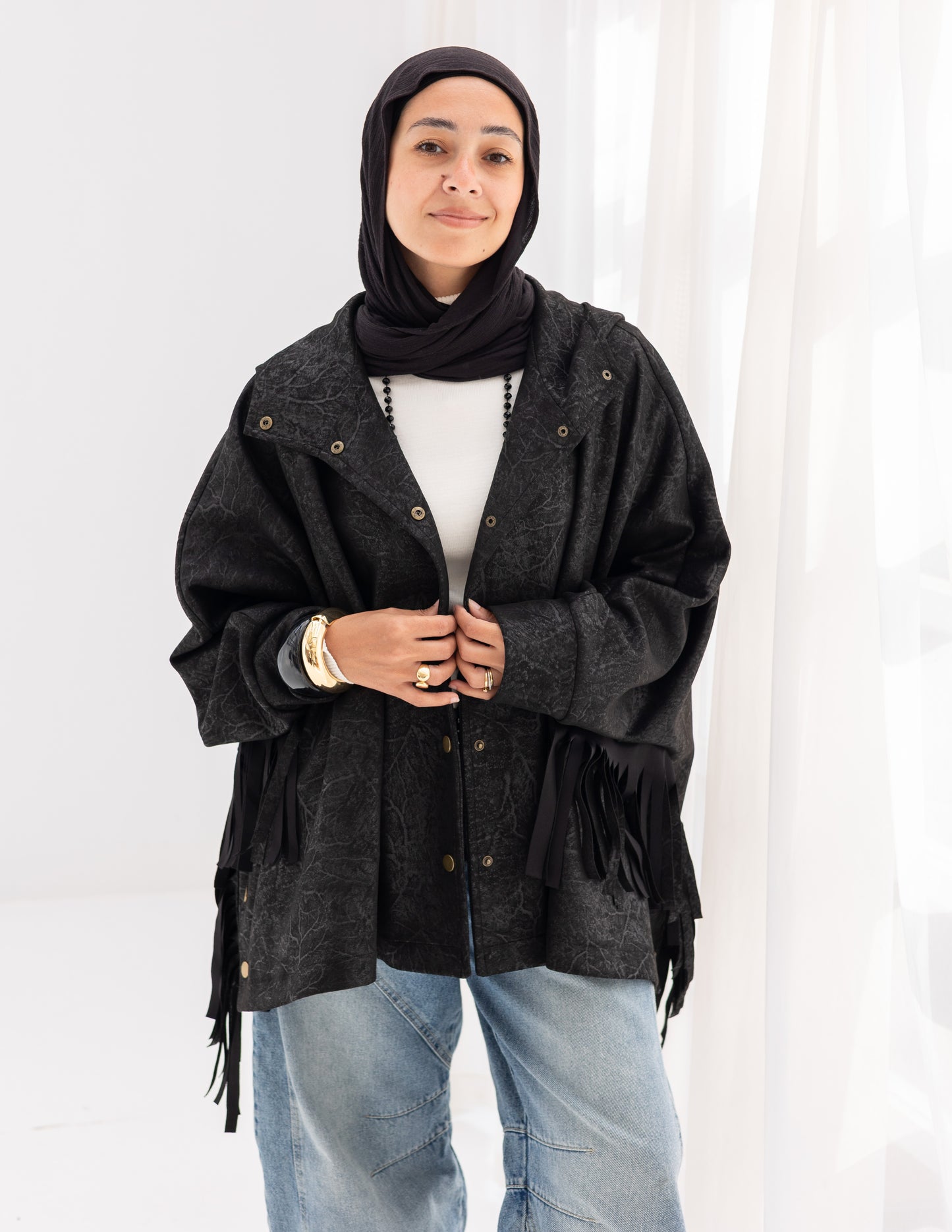 Suede & Leather Blend Jacket With Fringes