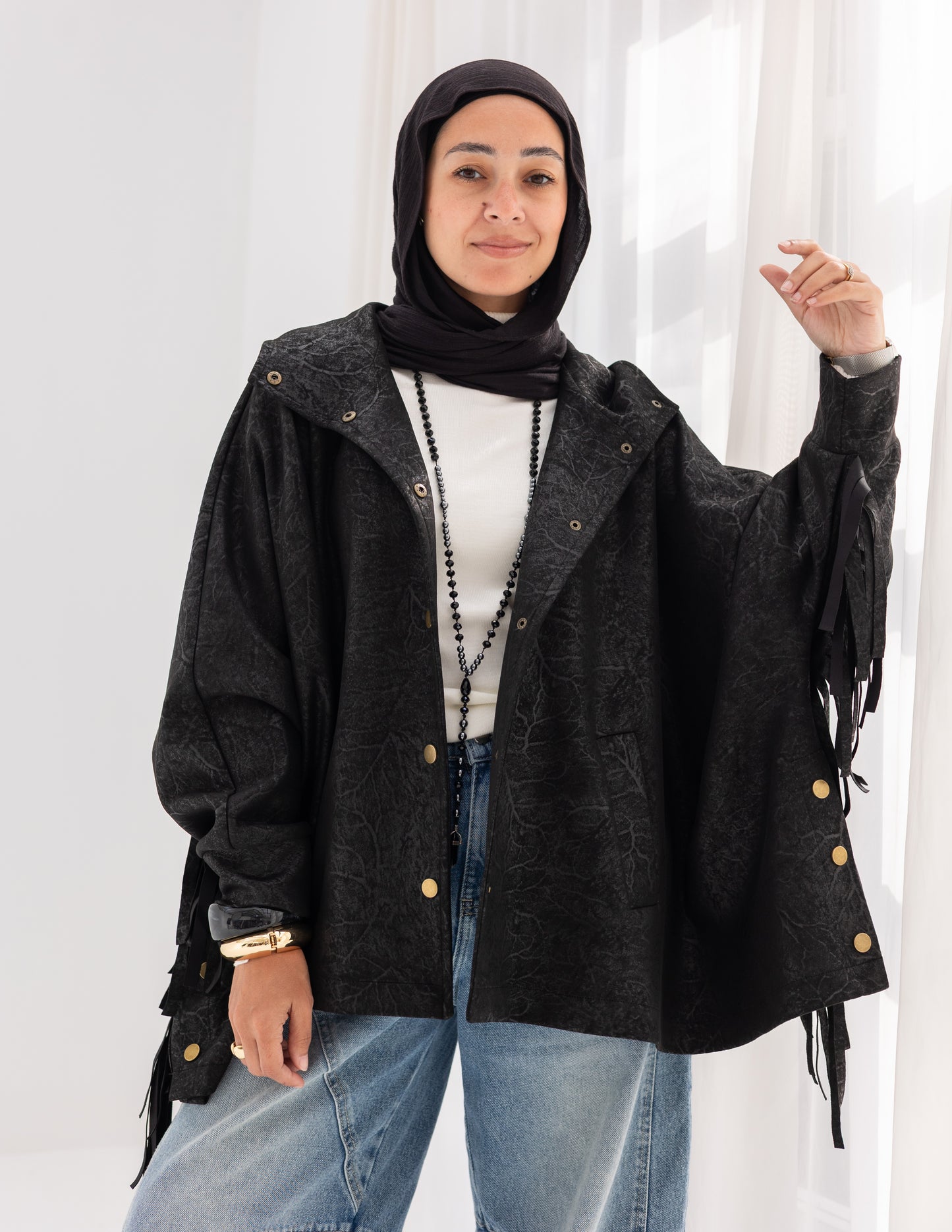 Suede & Leather Blend Jacket With Fringes