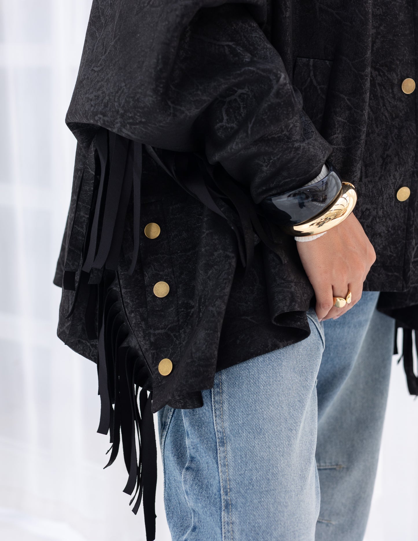 Suede & Leather Blend Jacket With Fringes