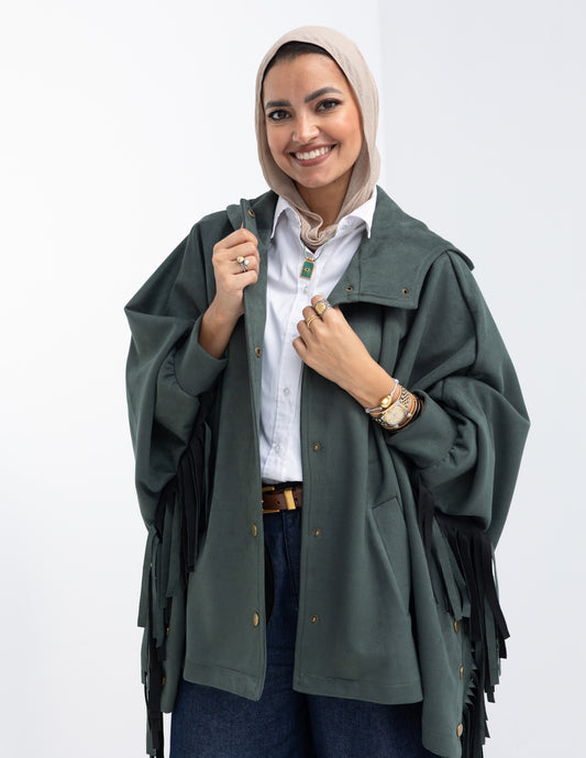 Suede Jacket With Fringes In Olive