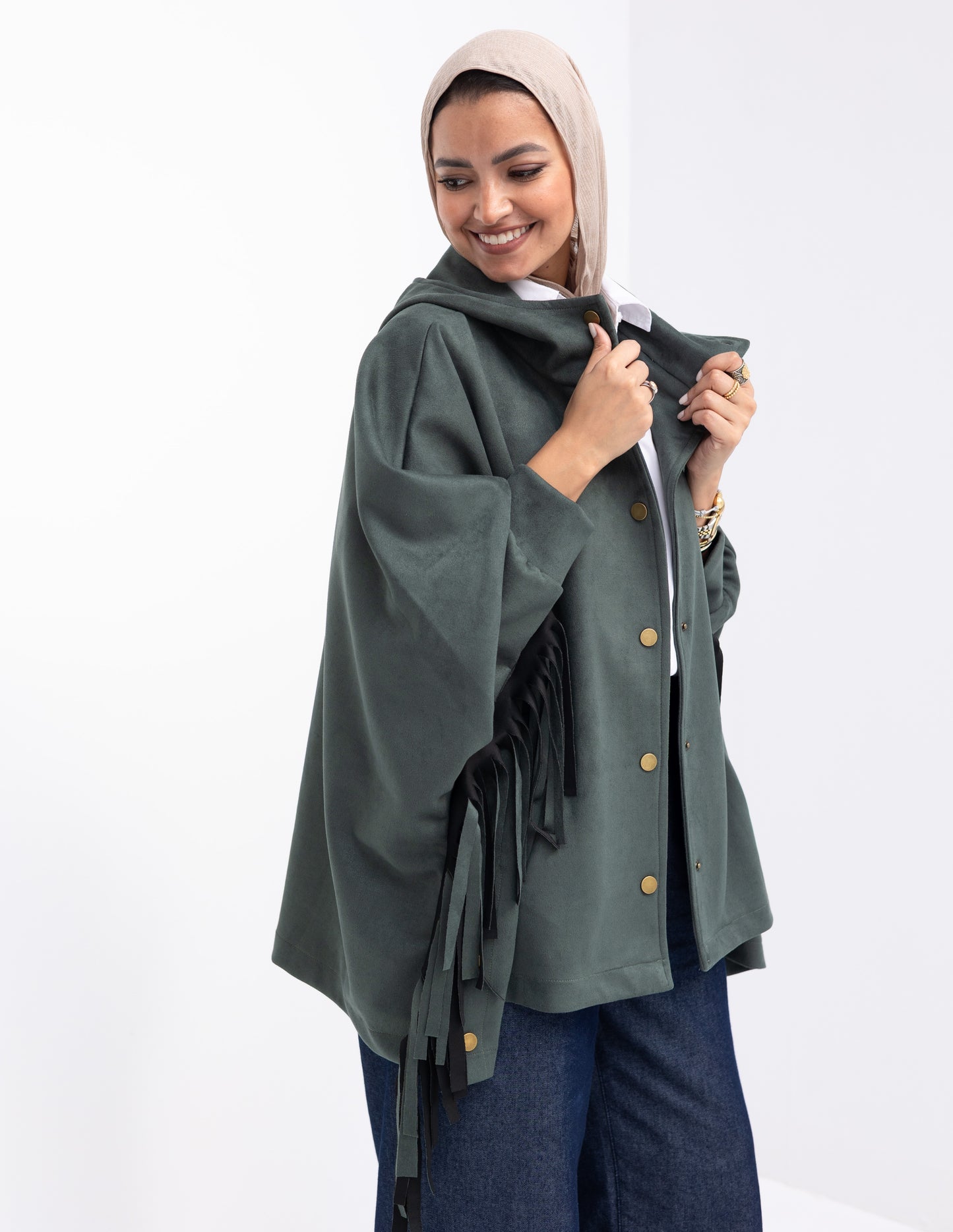 Suede Jacket With Fringes In Olive