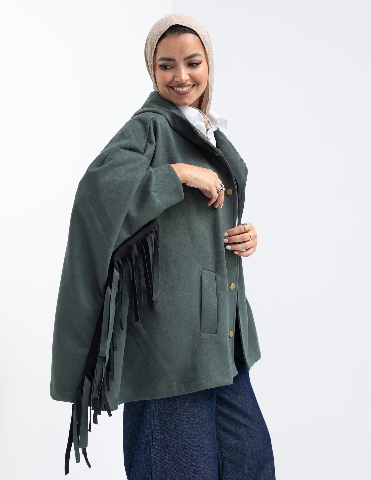 Suede Jacket With Fringes In Olive