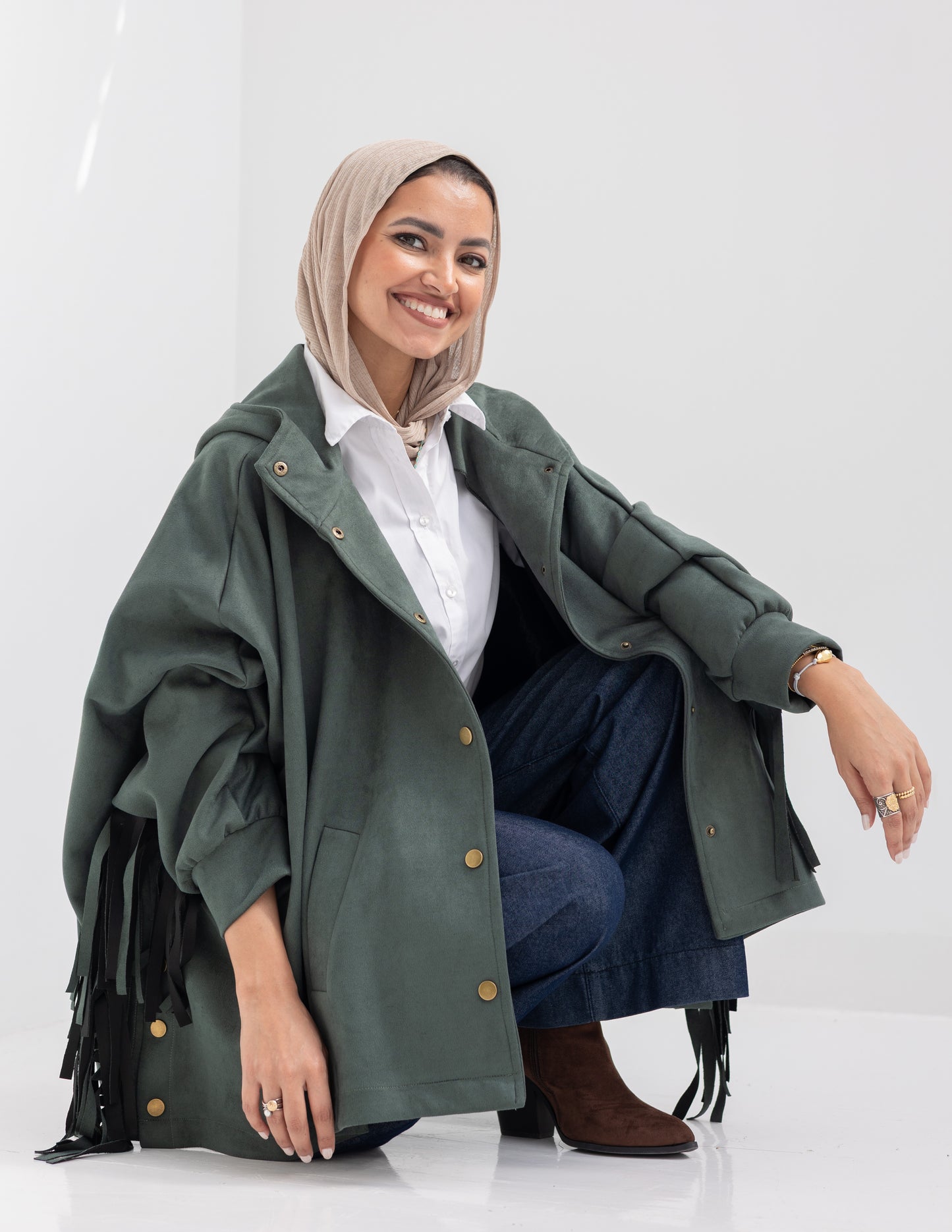 Suede Jacket With Fringes In Olive