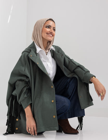 Suede Jacket With Fringes In Olive