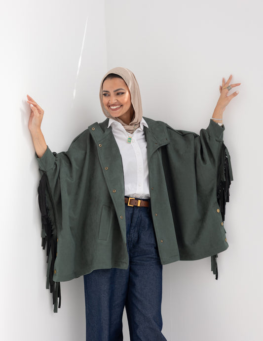 Suede Jacket With Fringes In Olive