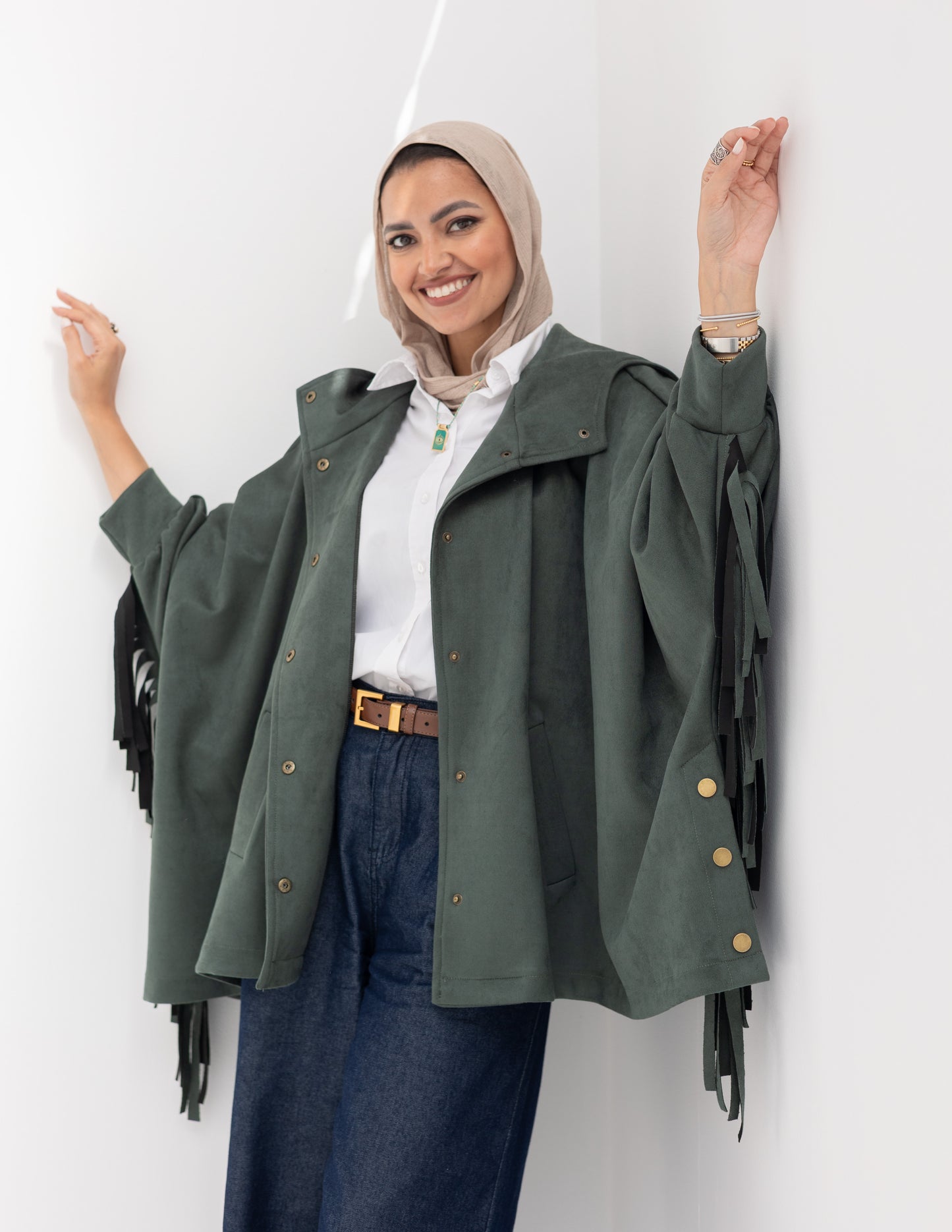 Suede Jacket With Fringes In Olive