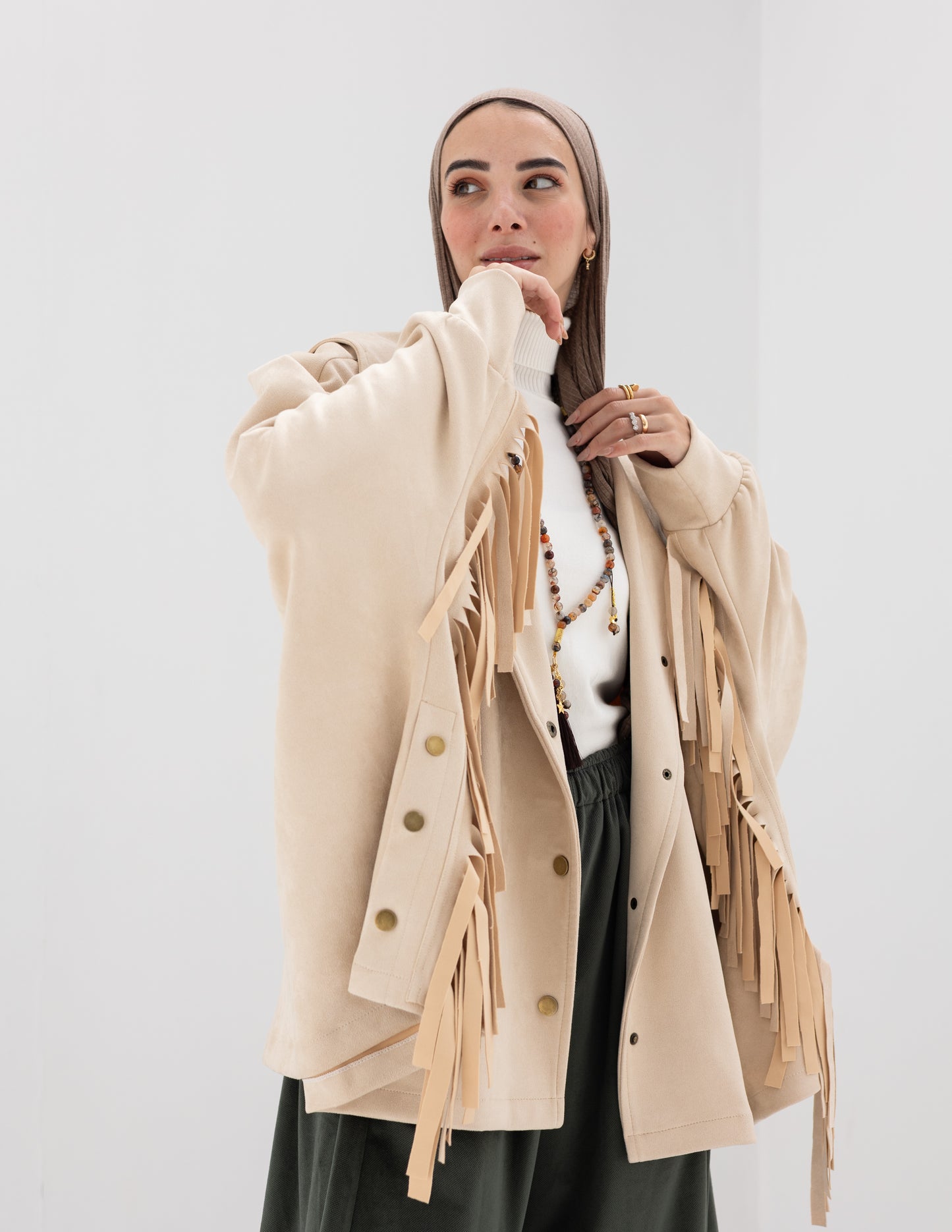 Suede Jacket With Fringes In Beige